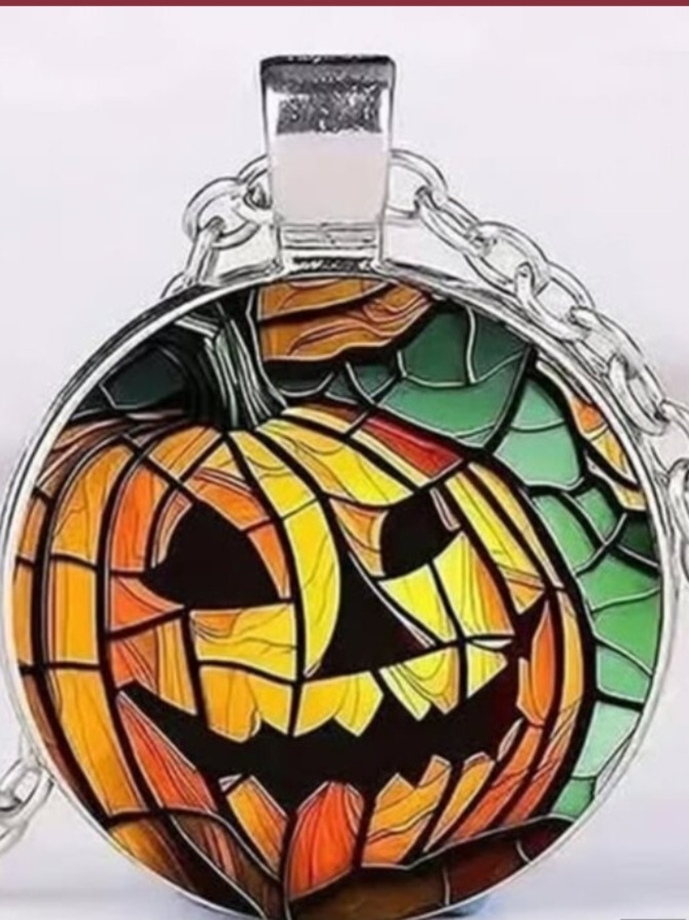 Halloween Pumpkin Stained Glass Pendant Necklace - Orange & Green